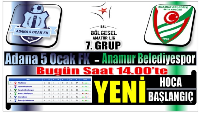 Yeni Hoca ve Anamur Belediyespor ; Adana 5 Ocak FK Deplasmanında